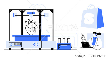 A 3D printer creating a heart model beside a doctor working on a laptop. Ideal for medicine, biotechnology, innovation, technology, healthcare. Clean modern style A 3D printer creating a heart model beside a doctor working on a laptop. Ideal for medicine, biotechnology, innovation, technology, healthcare. Clean modern style 121049234