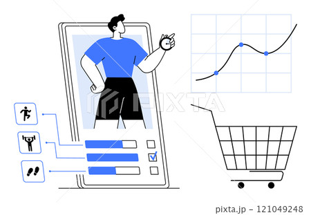 Smartphone showing a fitness app with activity tracking elements. A shopping cart and growth chart are displayed. Ideal for fitness, health monitoring, e-commerce, data analysis, technology 121049248