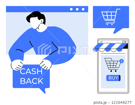 A person promoting a cashback offer, a shopping cart icon, and a smartphone with a buy button. Ideal for e-commerce, cashback promotions, online shopping, digital marketing, and mobile apps. Modern A person promoting a cashback offer, a shopping cart icon, and a smartphone with a buy button. Ideal for e-commerce, cashback promotions, online shopping, digital marketing, and mobile apps. Modern 121049277