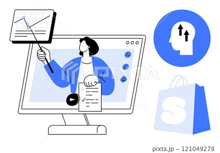 Person presenting a graph on a screen in blue theme, a head with upward arrows, and a shopping bag. Ideal for digital learning, online shopping, growth, education, and virtual presentations. Modern 121049278