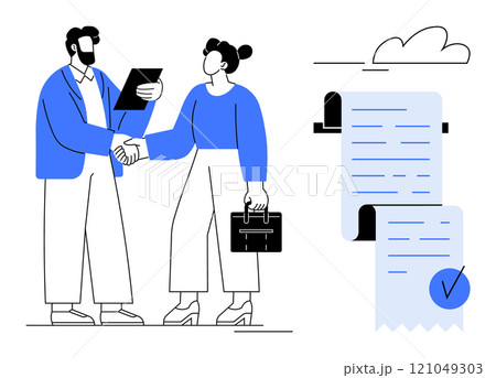 Two characters shaking hands, celebrating a successful business agreement, one holding a clipboard and the other a briefcase. Papers with blue tick mark. Ideal for business deals, partnerships 121049303