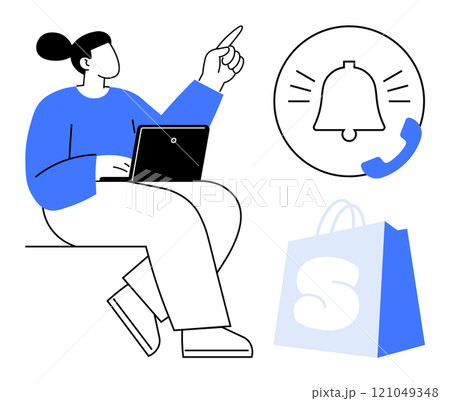 Person sitting with a laptop pointing upwards. Includes bell notification and shopping bag. Ideal for online shopping, notifications, e-commerce, remote work, technology. Minimalist style 121049348