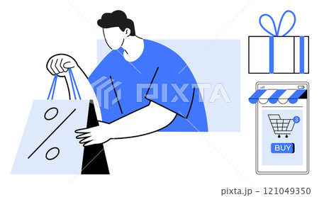 Person holding shopping bags showing online shopping and discounts Gift box and smartphone with a buy button next to them Ideal for e-commerce, online shopping, retail promotions, sales 121049350
