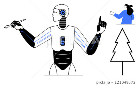 A robot holding a pen, poised as if drawing. To the side, a person points upwards and a simple tree outline is visible. Ideal for technology, AI, creativity, innovation, digital art. Clean, modern 121049372