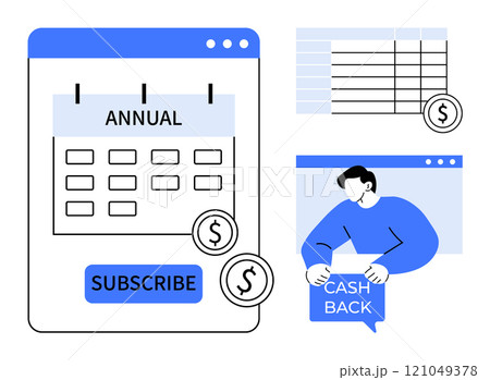 Calendar with annual subscription marked, subscribe button at the bottom, financial data table, person holding cash back sign. Ideal for financial planning, budgeting, subscription services, cash Calendar with annual subscription marked, subscribe button at the bottom, financial data table, person holding cash back sign. Ideal for financial planning, budgeting, subscription services, cash 121049378