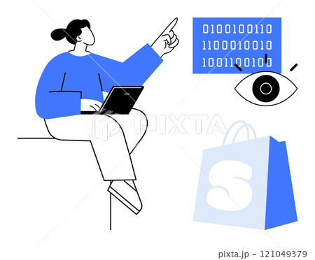 Woman sitting with a laptop points towards binary code while an eye graphic and shopping bag are visible. Ideal for technology, e-commerce, internet security, data analysis, and online shopping Woman sitting with a laptop points towards binary code while an eye graphic and shopping bag are visible. Ideal for technology, e-commerce, internet security, data analysis, and online shopping 121049379