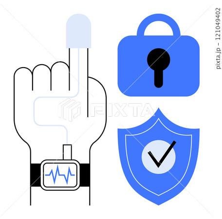 A hand with a finger scanner and smartwatch with a heartbeat monitor next to lock and shield checkmark symbols. Ideal for digital security, biometrics, healthcare, data protection, modern technology A hand with a finger scanner and smartwatch with a heartbeat monitor next to lock and shield checkmark symbols. Ideal for digital security, biometrics, healthcare, data protection, modern technology 121049402