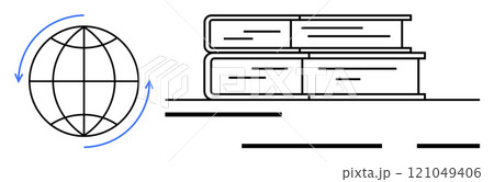 Simple lines form a globe with blue arrows and stacked books. Ideal for education materials teaching knowledge sharing global learning online courses and school resources. Minimalist vector art style Simple lines form a globe with blue arrows and stacked books. Ideal for education materials teaching knowledge sharing global learning online courses and school resources. Minimalist vector art style 121049406