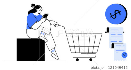 Woman interacts with smartphone next to a shopping cart. Receipts and dollar icon suggest an online or digital shopping theme. Ideal for e-commerce, mobile shopping, online payments, digital 121049413