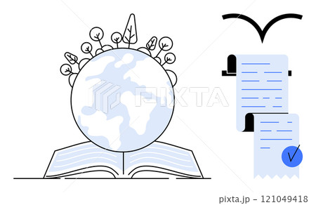 Open book with Earth and plants, next to documents with a checkmark. Ideal for education, environmental awareness, documentation, sustainability, and global studies. Simple, modern style Open book with Earth and plants, next to documents with a checkmark. Ideal for education, environmental awareness, documentation, sustainability, and global studies. Simple, modern style 121049418