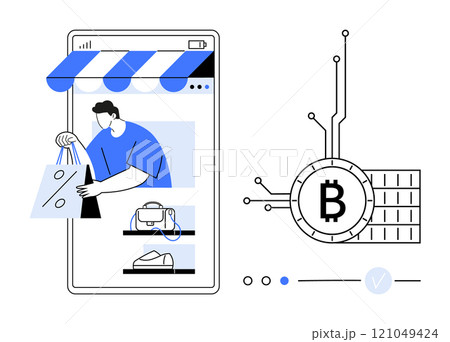 Man purchasing items online via smartphone. Various products displayed. Digital cryptocurrency icon with bitcoin symbol. Ideal for e-commerce digital transactions cryptocurrency future of shopping 121049424