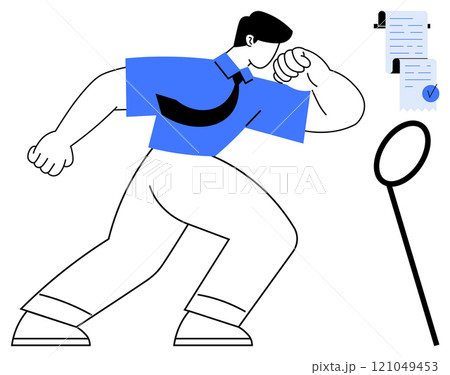 A person in business attire is examining documents using a magnifying glass, emphasizing thorough inspection and attention to detail. Ideal for business analysis, auditing, research, investigation 121049453