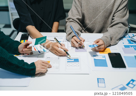 UX graphic designer planning application process development prototype wireframe for web smart phone. UX graphic designer planning application process development prototype wireframe for web smart phone. 121049505