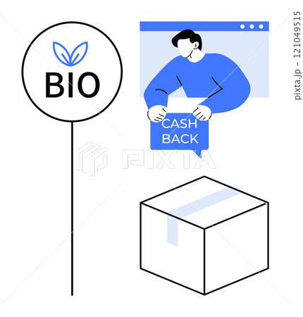 A label with Bio text and leaves, a person holding a Cashback sign, and a parcel box. Ideal for eco-friendly packaging, cashback rewards, sustainability, consumer incentives, online shopping 121049515
