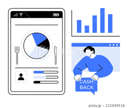 Smartphone screen shows a pie chart, user profile data, bar graph. A user holds a Cashback sign. Ideal for finance apps, user analytics, data visualization, budgeting tools, and cashback offers Smartphone screen shows a pie chart, user profile data, bar graph. A user holds a Cashback sign. Ideal for finance apps, user analytics, data visualization, budgeting tools, and cashback offers 121049516