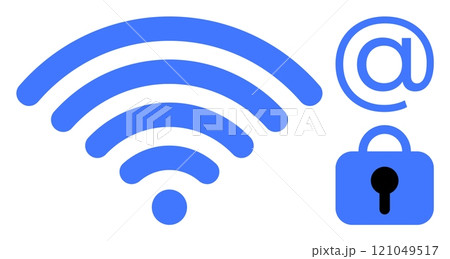 wireless signal icon, email symbol, and padlock graphic in blue. Ideal for technology, internet, communication, security, and digital privacy themes. Simple vector style 121049517