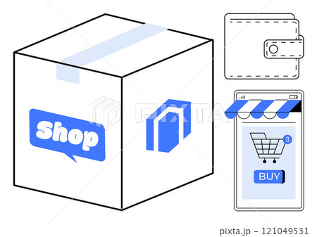 Package with shop label and wallet next to a smartphone showing a buy button and shopping cart. Ideal for online shopping, e-commerce, digital payments, mobile apps, and delivery services. Simple 121049531