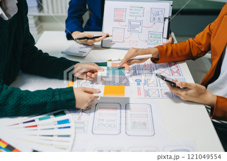 UX developer and ui designer brainstorming about mobile app interface wireframe design 121049554