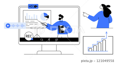 Presentation on a computer screen with a recording icon, charts, a person holding a clipboard, and another person pointing. Ideal for online education, virtual meetings, webinars, data analysis Presentation on a computer screen with a recording icon, charts, a person holding a clipboard, and another person pointing. Ideal for online education, virtual meetings, webinars, data analysis 121049558