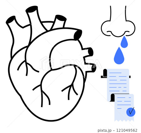 Human heart drawing, nose dripping a blue droplet, and two medical documents with checks. Ideal for healthcare, anatomy studies, medical education, biology teaching, awareness campaigns. Simple 121049562