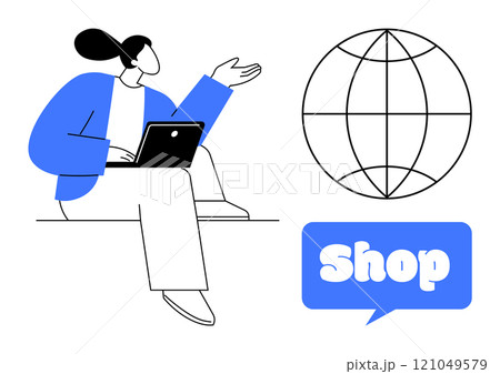 Woman sits with a laptop extending a hand toward a globe symbol. Speech bubble with Shop text. Ideal for online shopping, global ecommerce, marketing, technology, digital services. Simple vector Woman sits with a laptop extending a hand toward a globe symbol. Speech bubble with Shop text. Ideal for online shopping, global ecommerce, marketing, technology, digital services. Simple vector 121049579