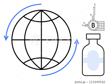 Globe with arrows around it, a small microchip symbol with Bitcoin sign, and a medicine vial represent global connectivity, digital economy, and healthcare. Ideal for technology, cryptocurrency 121049582