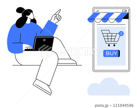 A woman using a laptop sits next to a mobile device displaying a shopping cart and a BUY button. Ideal for online shopping, e-commerce, digital marketing, mobile applications, consumer behavior A woman using a laptop sits next to a mobile device displaying a shopping cart and a BUY button. Ideal for online shopping, e-commerce, digital marketing, mobile applications, consumer behavior 121049586