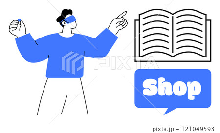 A person wearing virtual reality glasses interacts with a virtual interface while a book icon and shop sign are shown. Ideal for augmented reality, virtual shopping, education technology, online A person wearing virtual reality glasses interacts with a virtual interface while a book icon and shop sign are shown. Ideal for augmented reality, virtual shopping, education technology, online 121049593