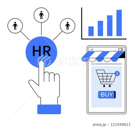 A hand points to an HR button linking to people icons, a bar graph shows growth, and a smartphone displays an online shopping cart. Ideal for HR management, e-commerce, technology, business growth 121049621