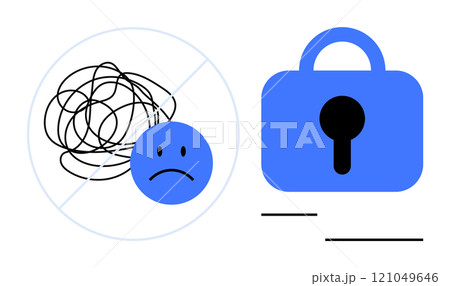 Tangled lines with a sad face representing mental struggles next to a locked lock symbolizing privacy. Ideal for mental health awareness, data security, emotional wellbeing, psychological issues Tangled lines with a sad face representing mental struggles next to a locked lock symbolizing privacy. Ideal for mental health awareness, data security, emotional wellbeing, psychological issues 121049646