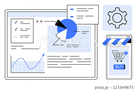 A digital dashboard includes graphs, pie chart, checklist, settings gear, and online shopping icon. Ideal for marketing strategy, business analytics, e-commerce, technology, website design. Simple A digital dashboard includes graphs, pie chart, checklist, settings gear, and online shopping icon. Ideal for marketing strategy, business analytics, e-commerce, technology, website design. Simple 121049673