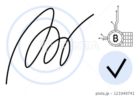 A digital signature over concentric circles, a blockchain Bitcoin symbol connected by lines, and a verified check mark in a light blue circle. Ideal for technology, cryptocurrency, digital security A digital signature over concentric circles, a blockchain Bitcoin symbol connected by lines, and a verified check mark in a light blue circle. Ideal for technology, cryptocurrency, digital security 121049741