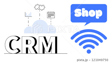 Icons for data analytics, puzzle integration, and calendar sync over a cloud. CRM with a speech bubble saying shop and a wireless symbol. Ideal for technology, business, data management, e-commerce 121049750