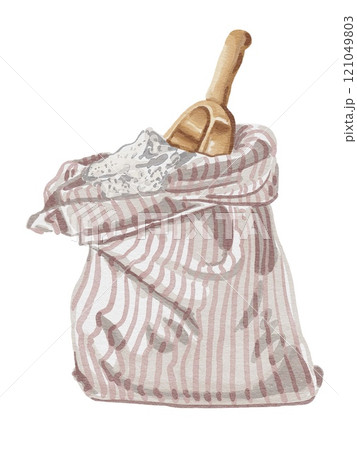 Rustic Flour Sack Watercolor Illustration with Wooden Scoop - Cottagecore Kitchen Decor Rustic Flour Sack Watercolor Illustration with Wooden Scoop - Cottagecore Kitchen Decor 121049803