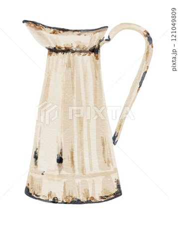 Vintage-style watercolor pitcher with rustic patina 121049809
