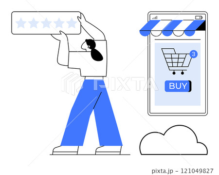 Person holding a rating bar next to a smartphone with a shopping cart and buy button. Ideal for e-commerce, customer reviews, online purchases, mobile app usage, user experience. Modern, minimalist 121049827