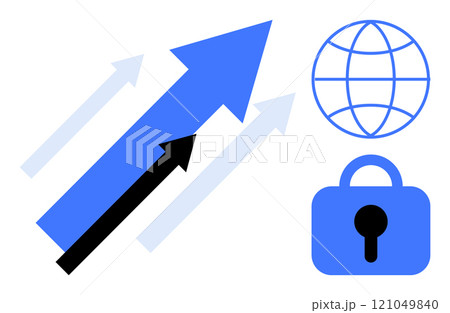 Blue arrows pointing upward symbolize growth and progress with a lock and globe representing security and global connectivity. Ideal for business, technology, internet security, data protection Blue arrows pointing upward symbolize growth and progress with a lock and globe representing security and global connectivity. Ideal for business, technology, internet security, data protection 121049840