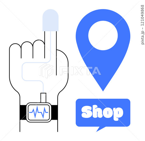 Hand with heart monitor, a blue location pin, and a speech bubble with the word Shop. Ideal for e-commerce, healthcare, technology, online shopping, and navigation themes. Simple vector style 121049868