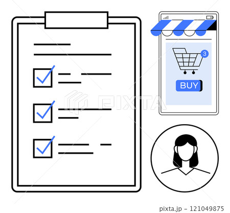 A digital shopping checklist on a clipboard, a smartphone screen with a shopping cart and buy button, and a female profile in black and white sketch style. Ideal for online shopping, task management 121049875