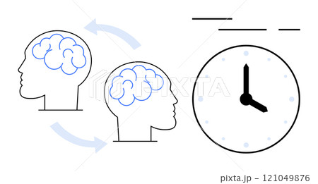 Outlined human heads with brain symbols and arrows imply thought processes or learning progression. A simple clock represents time. Ideal for education, learning, mental health, productivity, time 121049876