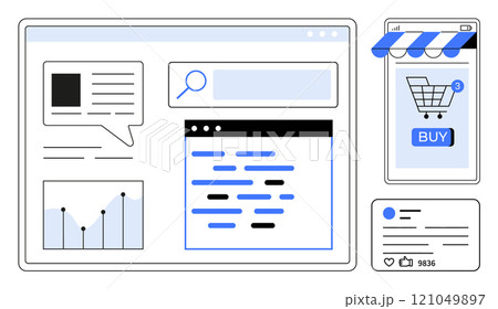 Various digital user interface elements include a search bar, speech bubble, online shopping cart notification, social media post, and analytics chart. Ideal for web design, e-commerce, digital 121049897
