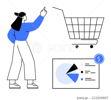 Woman pointing at cart and looking at pie chart. Ideal for retail business, online shopping, e-commerce analysis, sales data visualization and financial planning. Simple vector style. Black blue Woman pointing at cart and looking at pie chart. Ideal for retail business, online shopping, e-commerce analysis, sales data visualization and financial planning. Simple vector style. Black blue 121049907