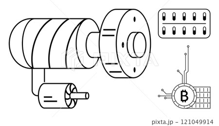 A schematic representation of a mining machine connected to a control panel and a Bitcoin symbol integrated with circuit elements. Ideal for technology, cryptocurrency, blockchain, mining processes 121049914
