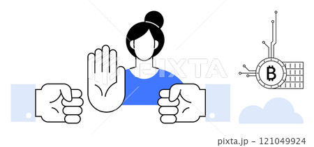 Woman with raised hand stopping two fists representing conflict or disagreement. Bitcoin symbol at the side indicating financial disagreement. Ideal for mediation conflict resolution financial Woman with raised hand stopping two fists representing conflict or disagreement. Bitcoin symbol at the side indicating financial disagreement. Ideal for mediation conflict resolution financial 121049924