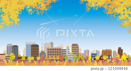 秋の紅葉の街並みイラスト. 121049936