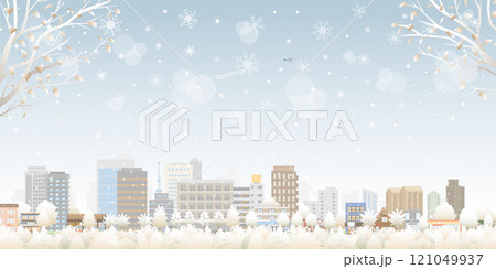 雪景色の街並みのイラスト. 冬の街並みのイラスト. 121049937