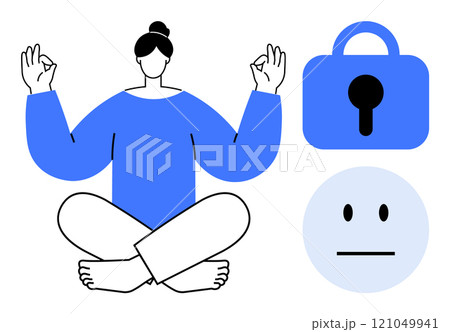 Calm person meditating with hand gestures, security lock symbol, and expressionless face. Ideal for wellness, mindfulness, mental health, security, and emotions. Simple modern style 121049941
