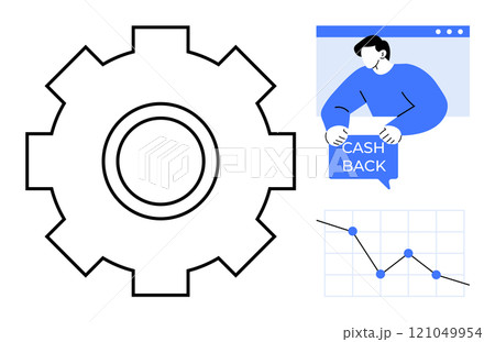 Large gear shape, person holding a cashback message, and a declining graph. Ideal for business, finance, savings, economic trends, and marketing. Modern, minimalist, clean style 121049954
