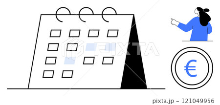 A standing calendar with dates, a Euro currency symbol in a circle, and a businesswoman pointing are visible. Ideal for business scheduling, financial planning, economic analysis, corporate strategy 121049956