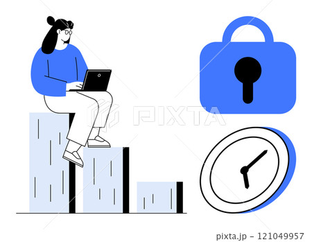 A woman sits on bar graphs while working on a laptop. Nearby are symbols of a lock and a clock. Ideal for productivity time management data analysis security and balancing work life themes. Modern 121049957
